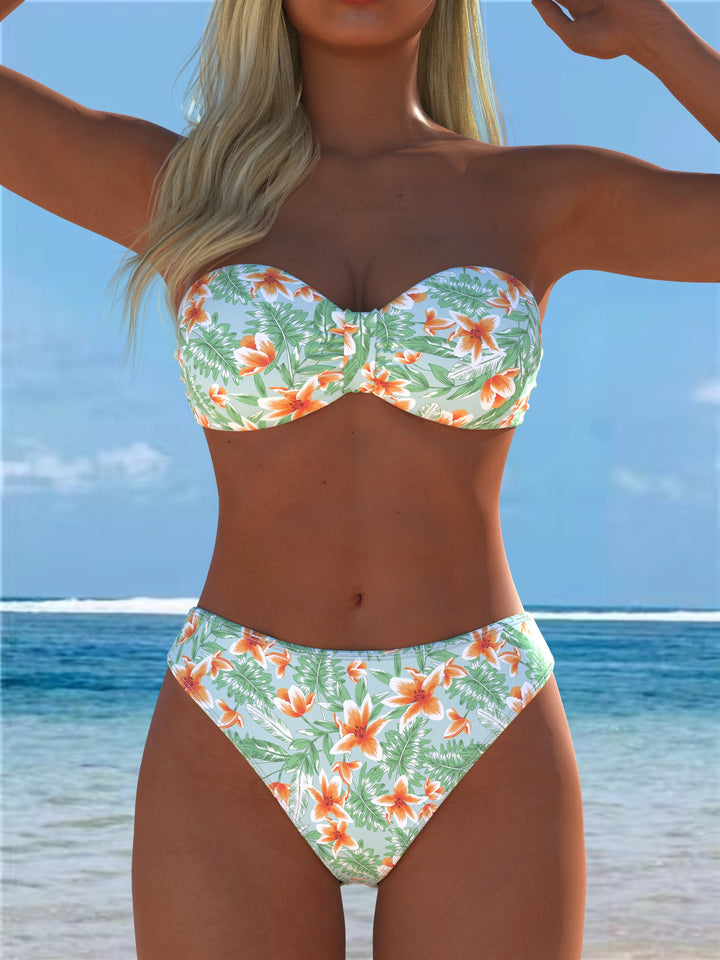 Damen Bandeau-Bikini mit einzigartigem Federmuster und hohem Taillenschnitt Echo Archiv