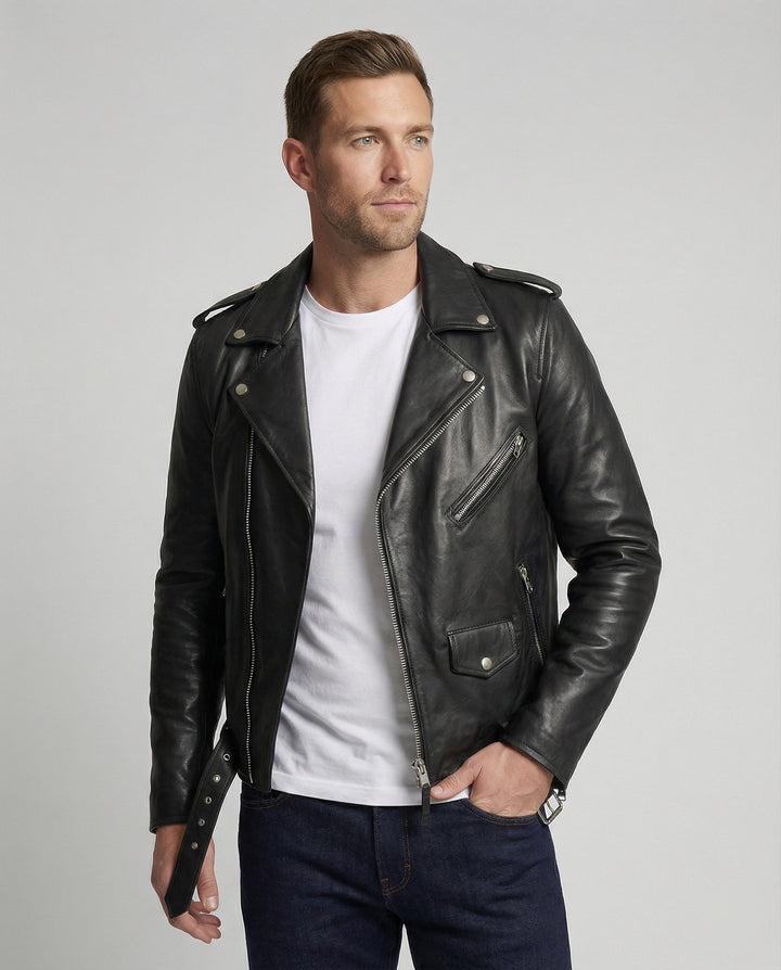 Herren Kunstleder Bikerjacke mit asymmetrischem Reißverschluss