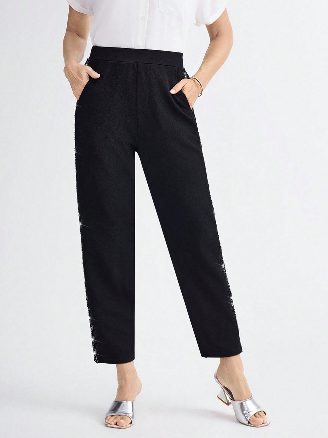 Damen Elegante gerade geschnittene Stoffhose mit elastischem Bund und seitlichem Glitzerbesatz – Avérine