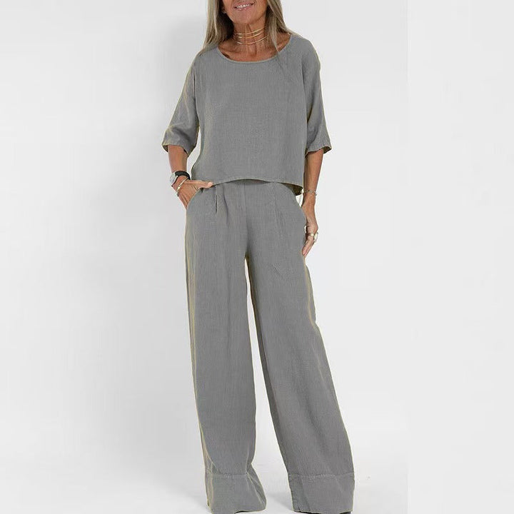 Damen luftiges Leinen-Ensemble mit weitem Schnitt und praktischen Taschen Echoarchiv