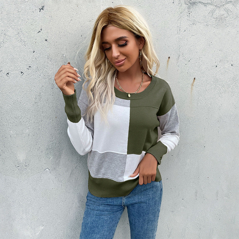 Damen Patchwork-Strickpullover mit kontrastierenden Feldern, Rundhalsausschnitt und gerippten Abschlüssen – Mavelle
