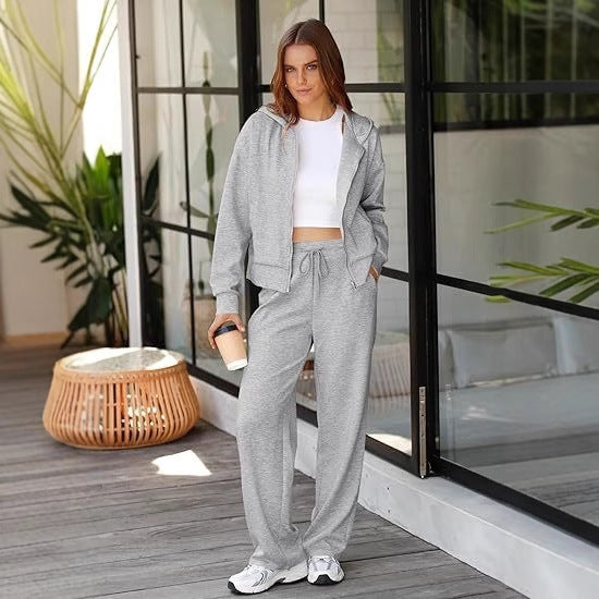 Damen nan Casual-Lounge-Set mit taillierter Zip-Kapuzenjacke, Kordelzug und weitem Palazzo-Jogger Echo Archiv