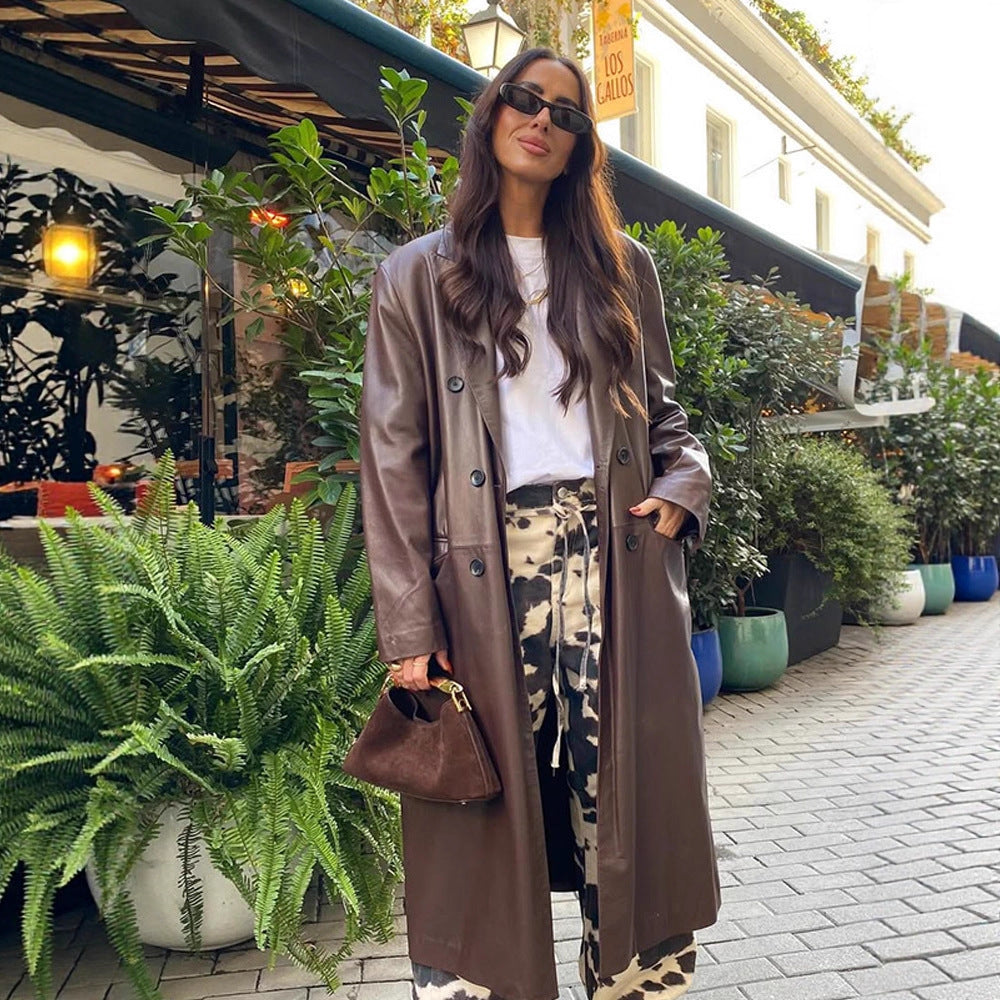 Damen langer Lederimitatmantel mit doppelreihiger Knopfleiste und Oversize-Schnitt Echoarchiv