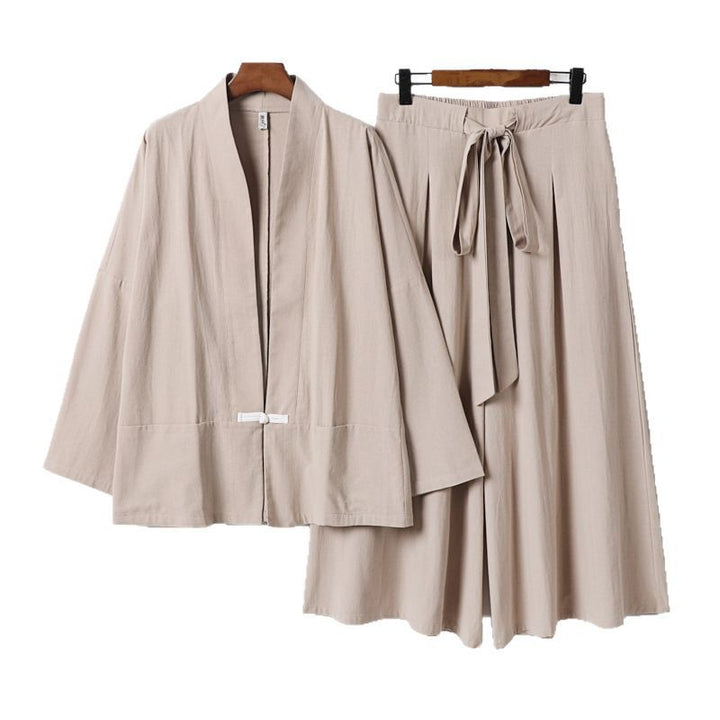 Damen Zen-inspiriertes Kimono-Set aus fließender Viskose mit kurzer Jacke und weiter Culotte-Hose Echoarchiv