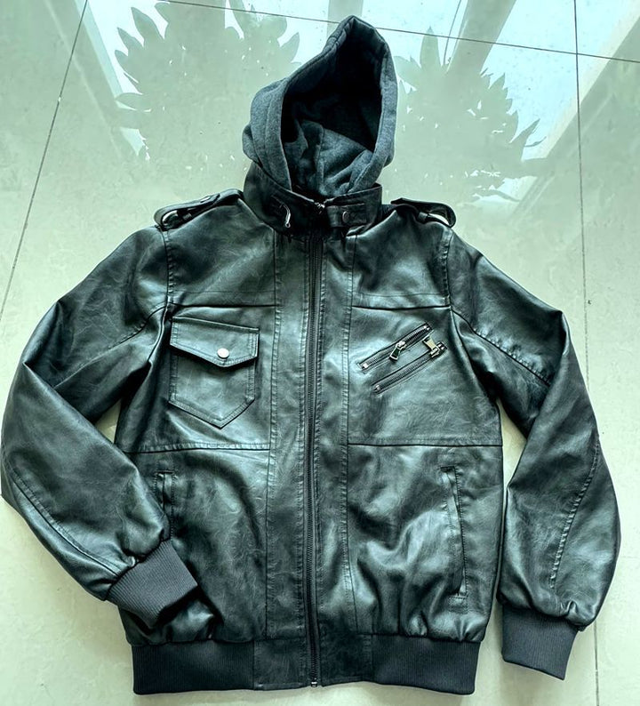 HerrenStylische Lederjacke mit Kapuze und gewaschenem Finish Echo Archiv