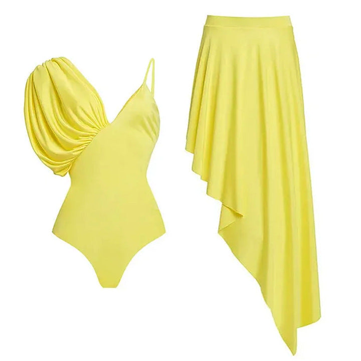 Damen asymmetrischer Einteiler Badeanzug mit voluminösen Puffärmeln Echo Archiv