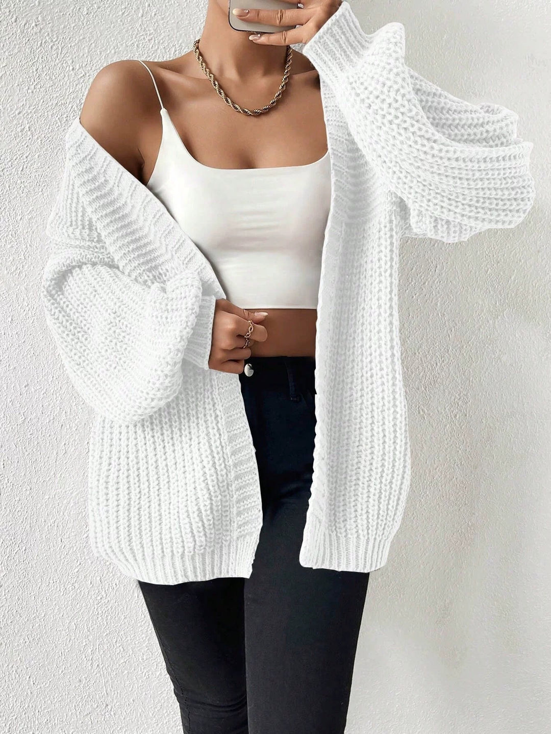 Damen Oversize-Strickcardigan mit grobem Waffelstrick, offener Front und voluminösen Ballonärmeln – Veloura