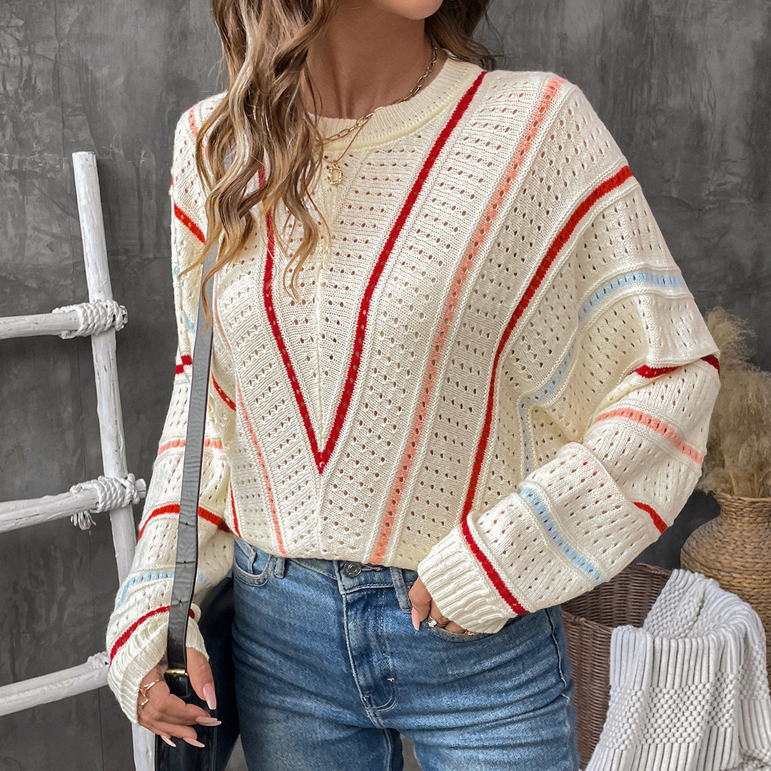 Damen Oversize-Ajourstrickpullover mit V-Streifen-Design Echoarchiv