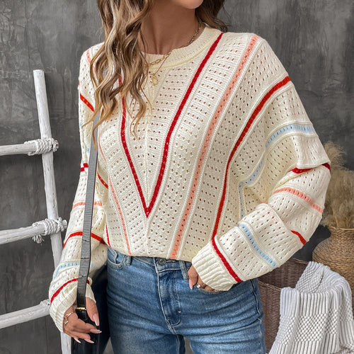 Damen Oversize-Ajourstrickpullover mit V-Streifen-Design Echoarchiv