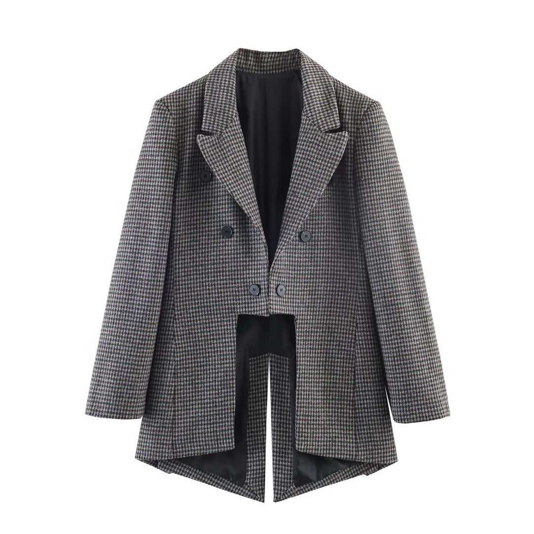 Damen Doppelreihiger Hahnentritt-Blazer mit Cutaway-Saum und Gehschlitz Echo Archiv