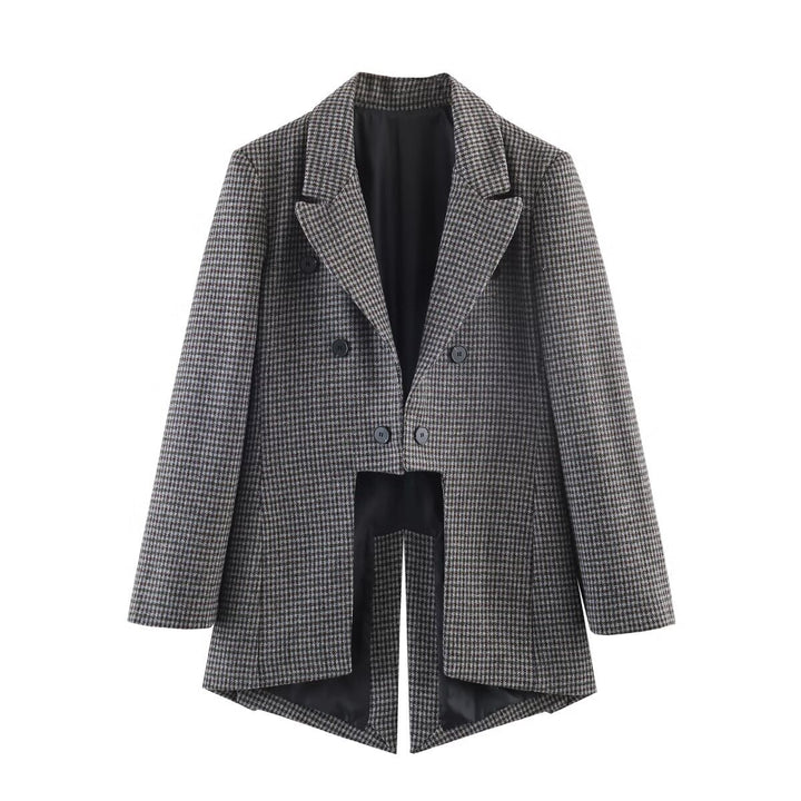 Damen Doppelreihiger Hahnentritt-Blazer mit Cutaway-Saum und Gehschlitz Echo Archiv