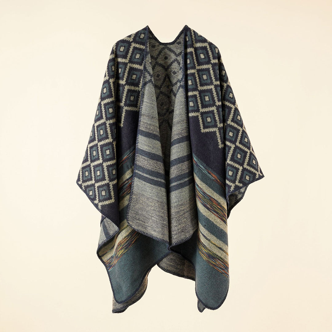 Damen Wollmix-Cape mit reversibler Double-Face-Webung und geometrischem Blockmuster Echo Archiv