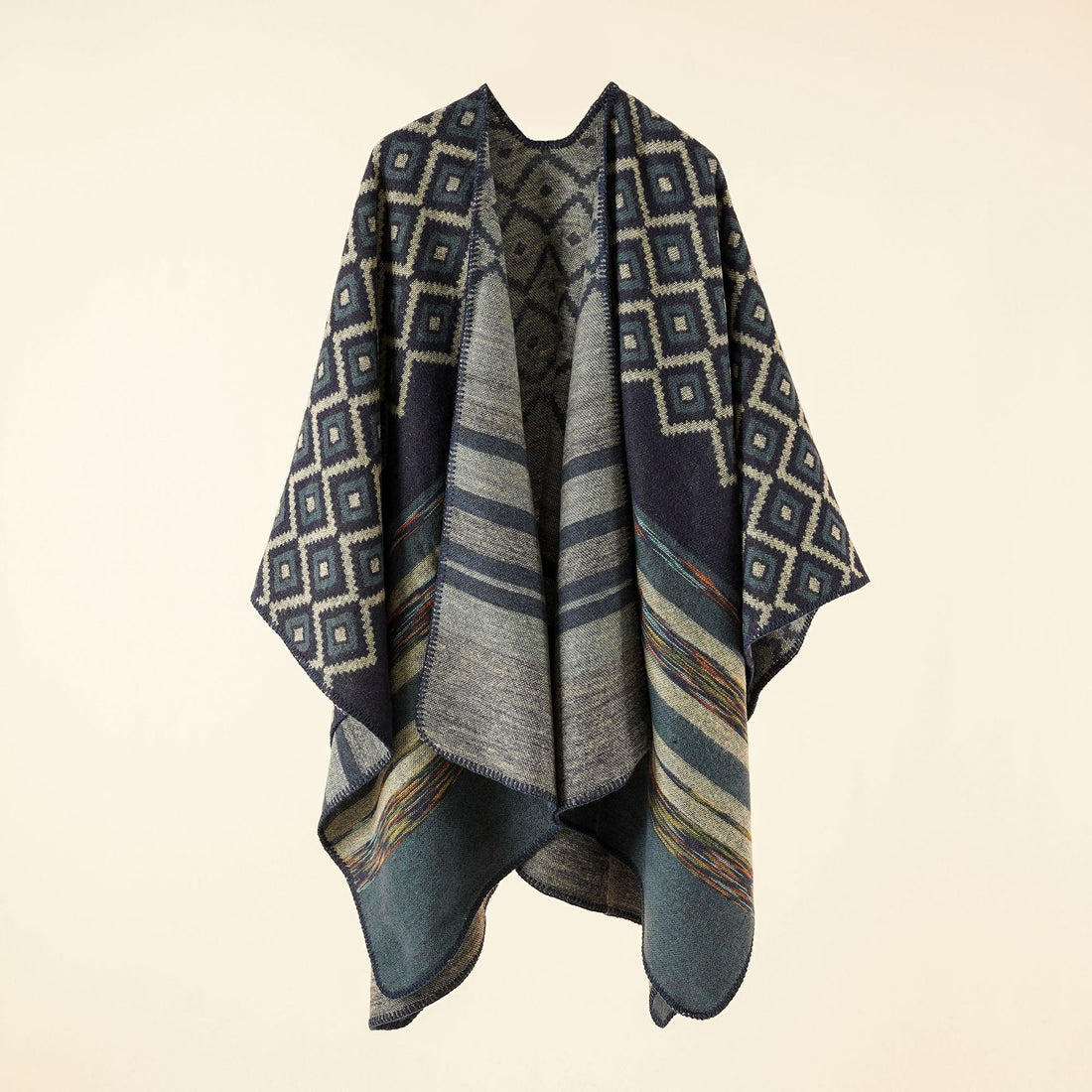 Damen Wollmix-Cape mit reversibler Double-Face-Webung und geometrischem Blockmuster – Veloura
