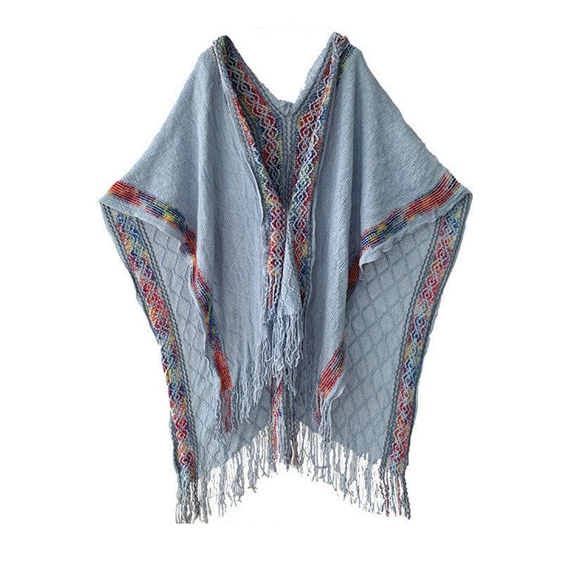Damen Gewebter Kapuzenponcho mit Fransen und Ethno‑Bordüre – Avérine
