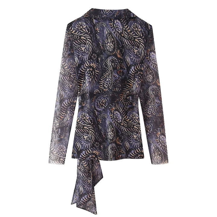Damen nan drapiertes Wickelchiffon-Blusentop mit Hemdkragen und langen Bindeschleifen Echo Archiv