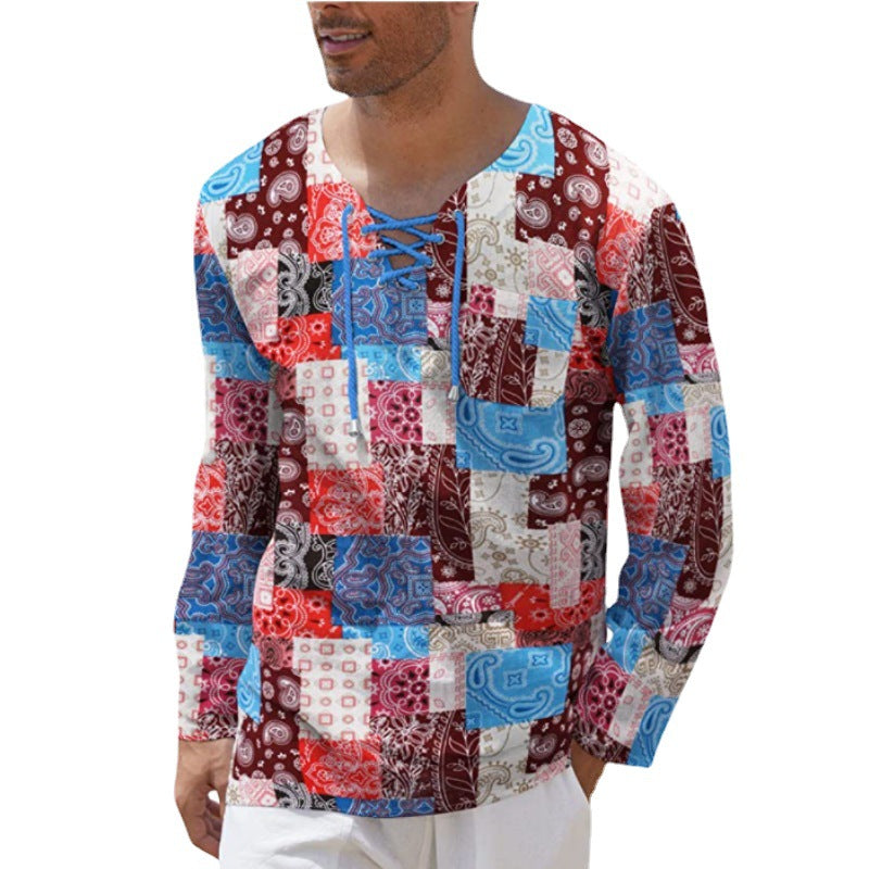 Herren Langarmshirt mit einzigartigem Schnürdetail und kreativem Patchwork-Muster Echoarchiv