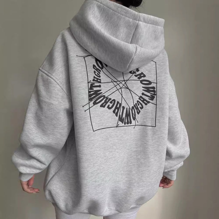Damen Oversized Kapuzenpullover mit abstraktem Rückenprint und gerippten Bündchen Echoarchiv