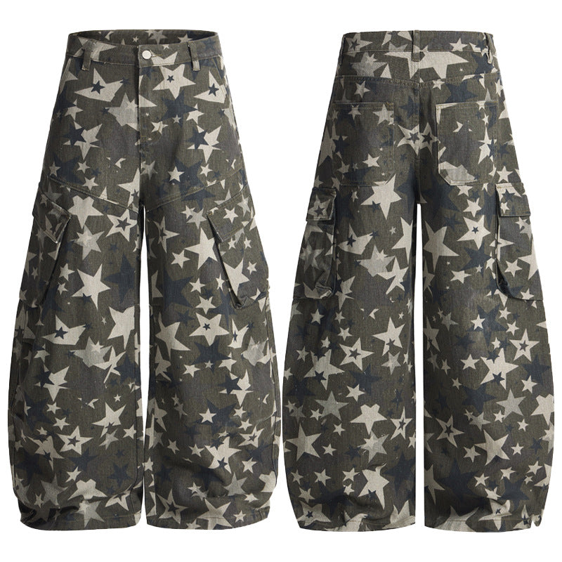 Herren weite Cargo-Palazzo-Hose mit allover Sternen-Print und Utility-Taschen Echo Archiv