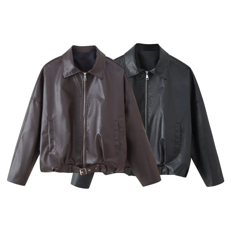 Unisex Oversize Kunstlederjacke mit Reißverschluss Hemdkragen und Taillengürtel Echo Archiv