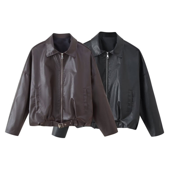 Unisex Oversize Kunstlederjacke mit Reißverschluss Hemdkragen und Taillengürtel Echo Archiv