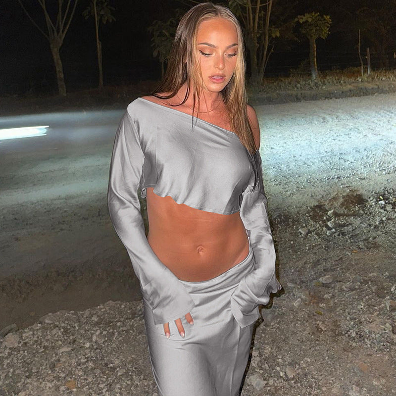 Damen Asymmetrisches Crop-Top mit langem Arm und fließendem Rock Echo Archiv