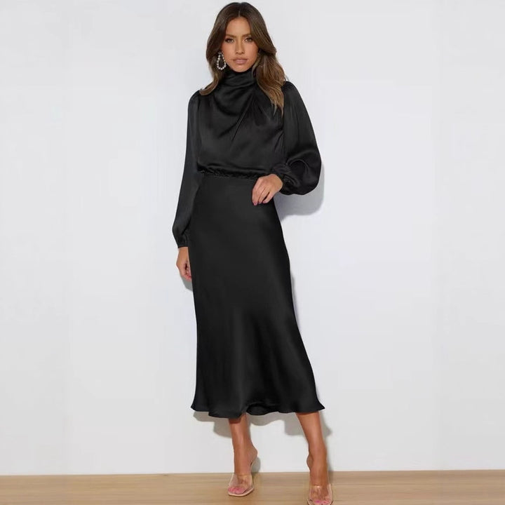 Damen Elegantes Satin-Midikleid mit Stehkragen, Blouson-Oberteil und fließendem Rock – Élara
