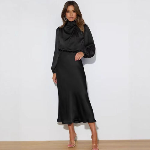 Damen Elegantes Satin-Midikleid mit Stehkragen, Blouson-Oberteil und fließendem Rock – Élara