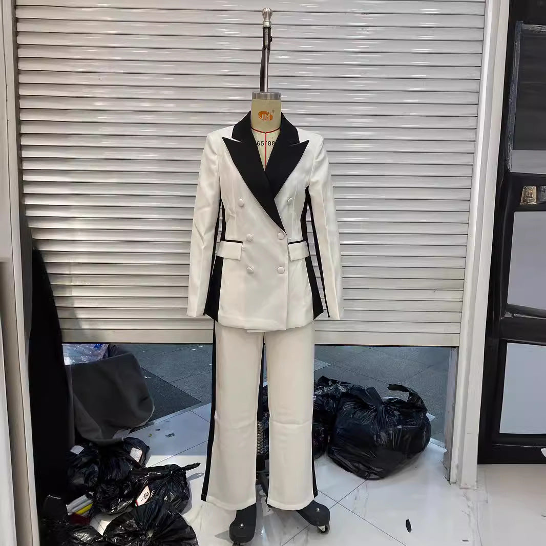 Damen elegante Zweiteiler-Blazer mit kontrastierenden Seitenbahnen und taillierter Bundfaltenhose – Valéne