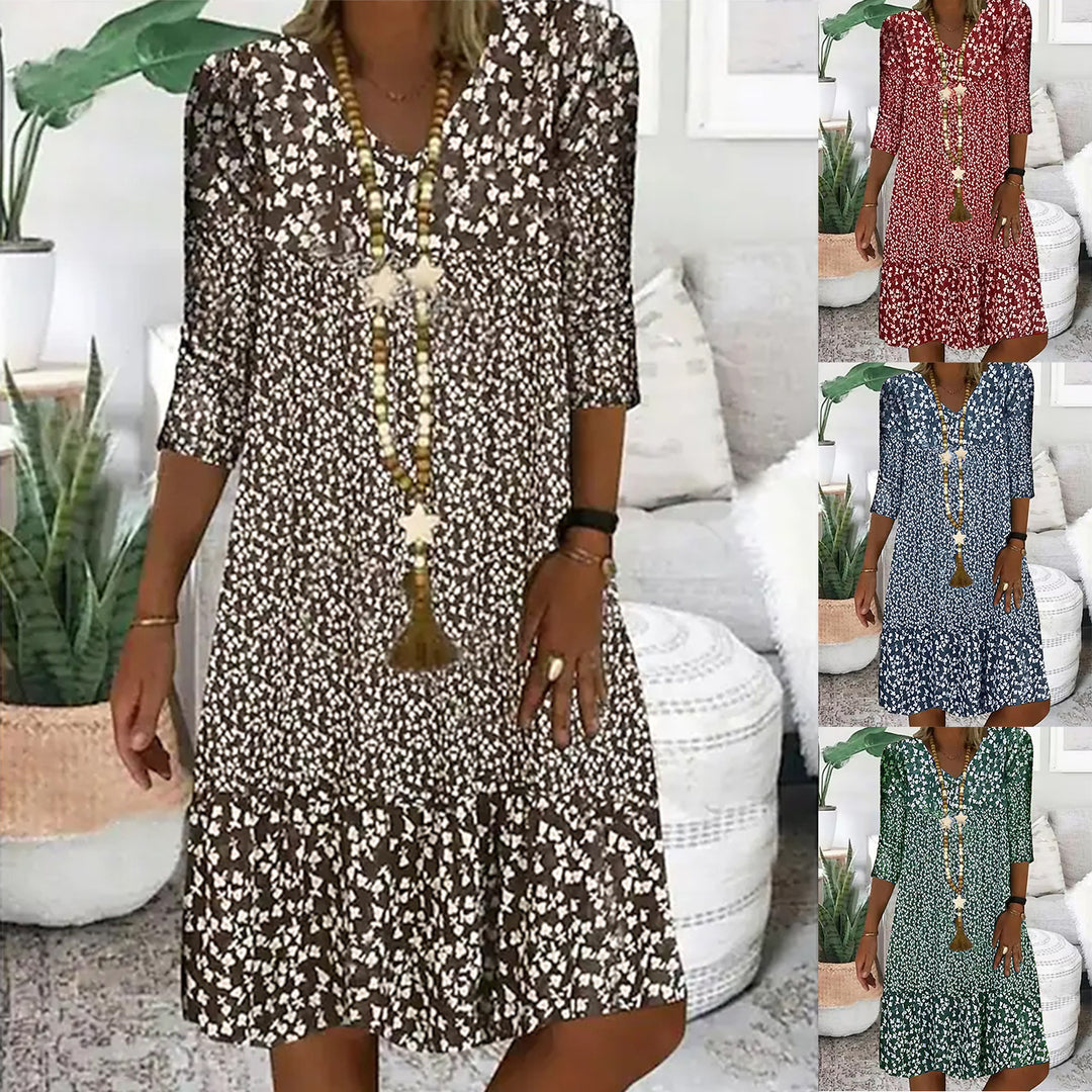 Damen Lockeres Midi-Kleid im Boho-Stil mit V-Ausschnitt, Dreiviertelärmeln und gestuftem Saum – Élara