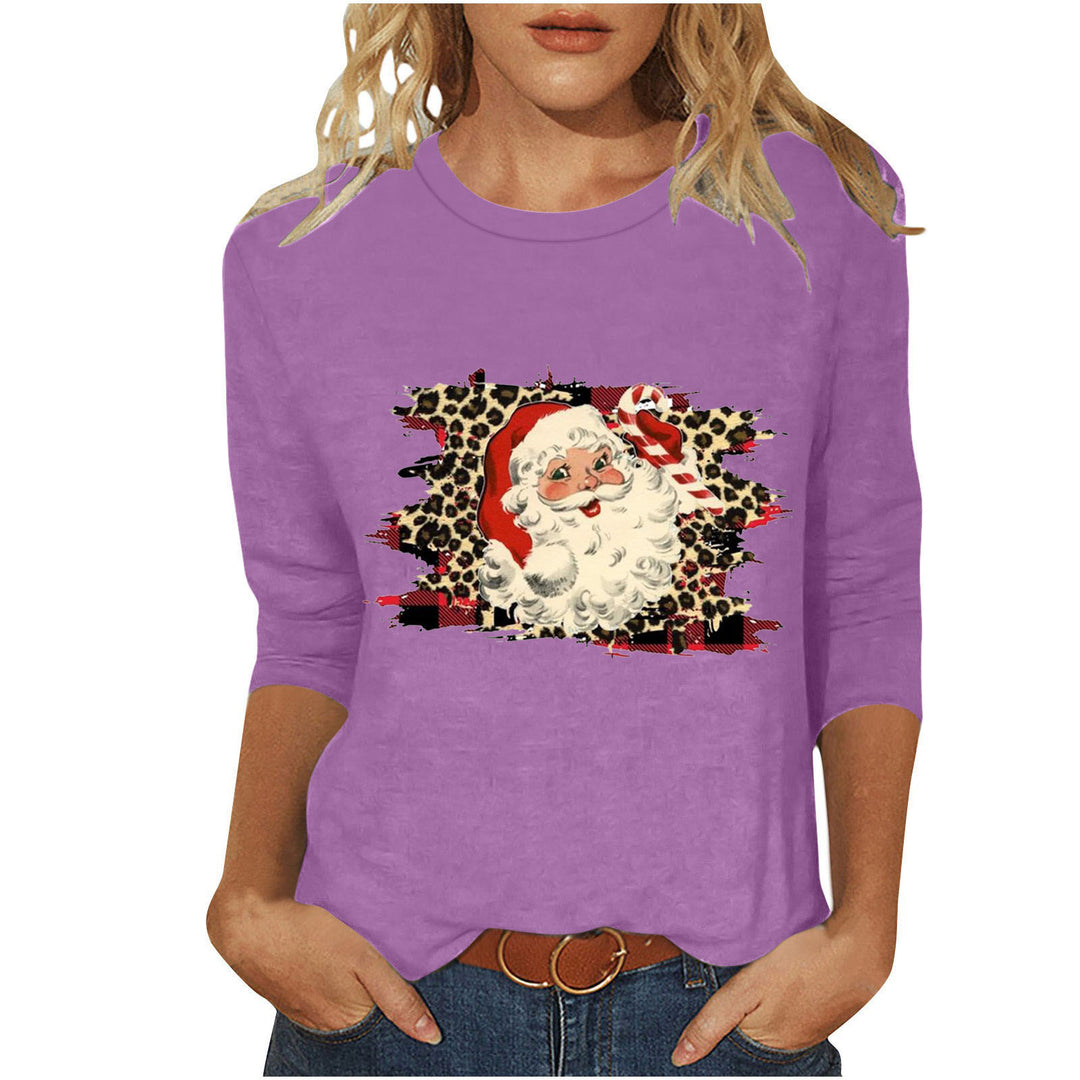 Damen lässiges Sweatshirt mit Retro-Weihnachtsmann-Print, Leoparden- und Karomuster und dreiviertelärmel – Avérine