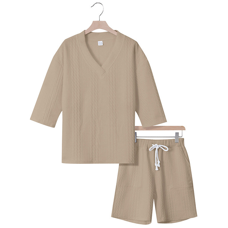 Unisex nan lässiges Lounge-Set mit V-Ausschnitt-Oberteil und Kordelbund-Shorts Echo Archiv