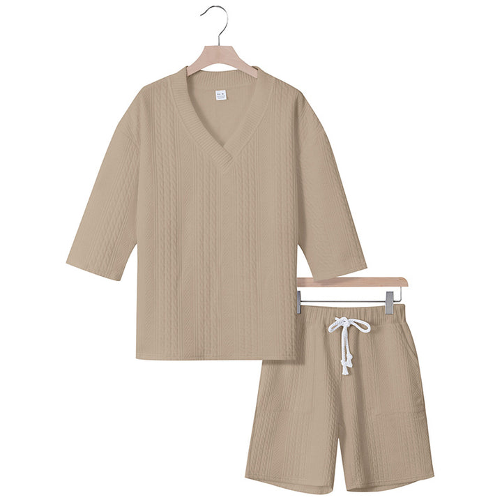 Unisex nan lässiges Lounge-Set mit V-Ausschnitt-Oberteil und Kordelbund-Shorts Echo Archiv