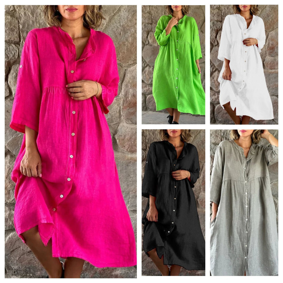Damen Locker Midi Kleid aus Leinenmischung mit durchgehendem Knopfleiste und Seitentaschen – Élara