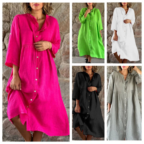 Damen Locker Midi Kleid aus Leinenmischung mit durchgehendem Knopfleiste und Seitentaschen – Élara