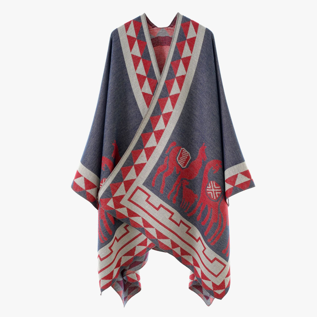 Damen Wolloptik-Poncho im Überwurfstil mit grafischem Reiter-Jacquard – Avérine