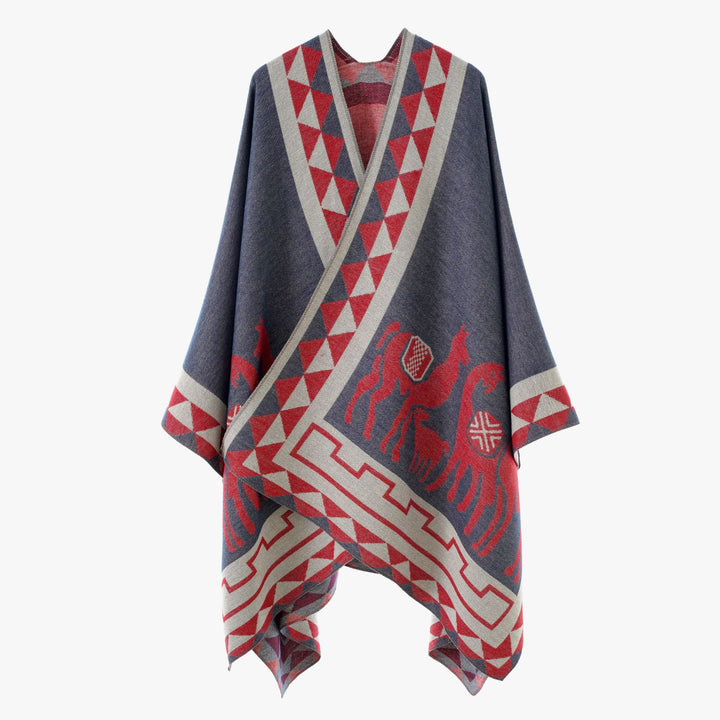 Damen Wolloptik-Poncho im Überwurfstil mit grafischem Reiter-Jacquard – Avérine