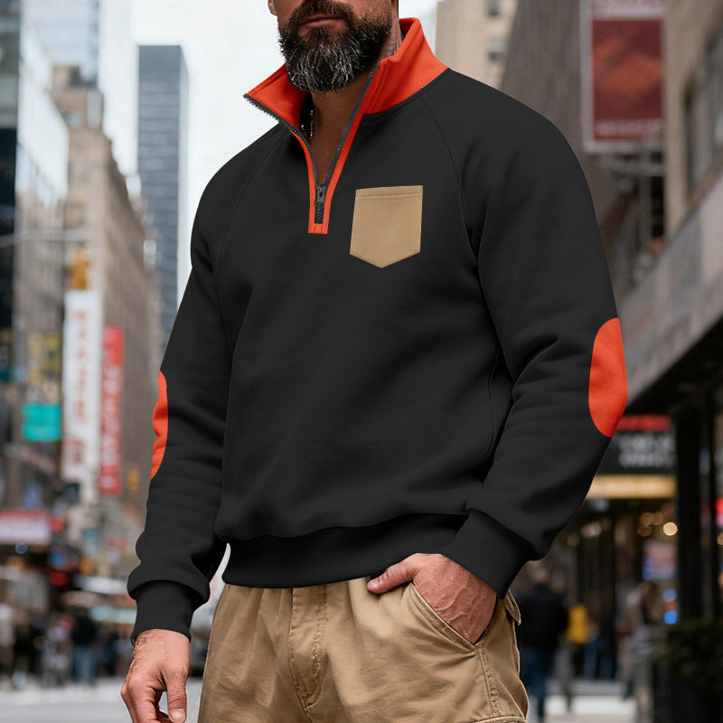 Herren nan Quarterzip-Sweatshirt mit Stehkragen, kontrastiertem Reißverschluss, Ellbogenpatches und Brusttasche Echo Archiv