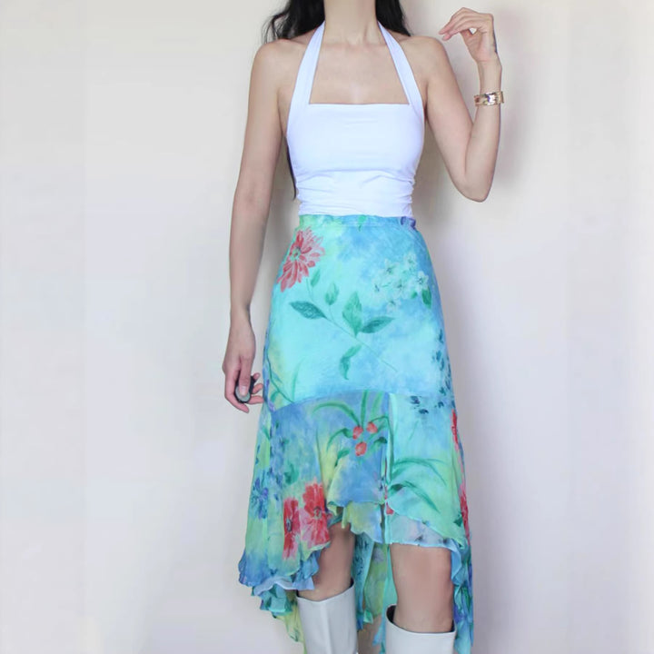 Damen asymmetrischer Rüschenrock aus floralem Chiffon Echo Archiv