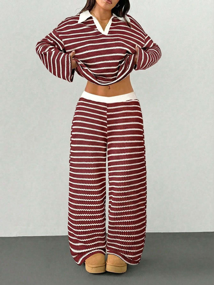 Damen Gestreiftes Strick-Set aus Polokrippenpullover und weiten Palazzo-Strickhose Echo Archiv