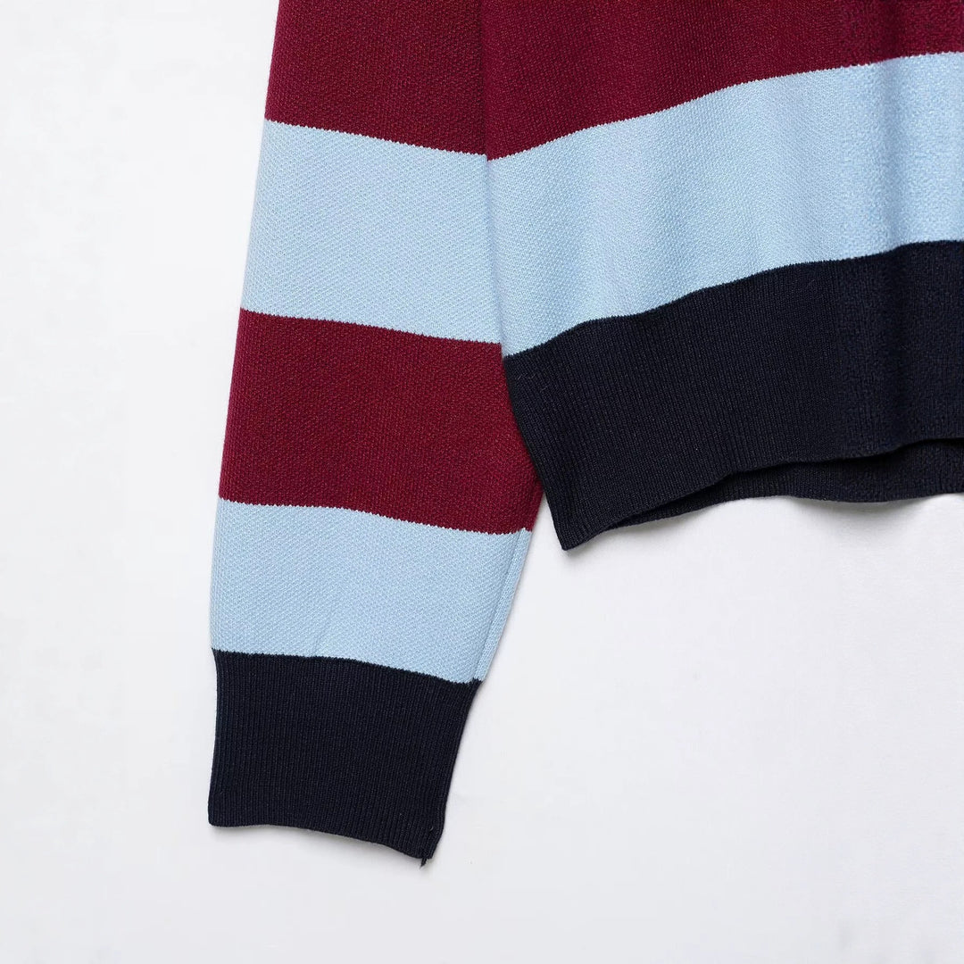 Damen Gestreifter Rugby-Pullover mit Polokragen und V-Ausschnitt Echo Archiv
