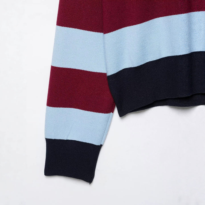 Damen Gestreifter Rugby-Pullover mit Polokragen und V-Ausschnitt Echo Archiv