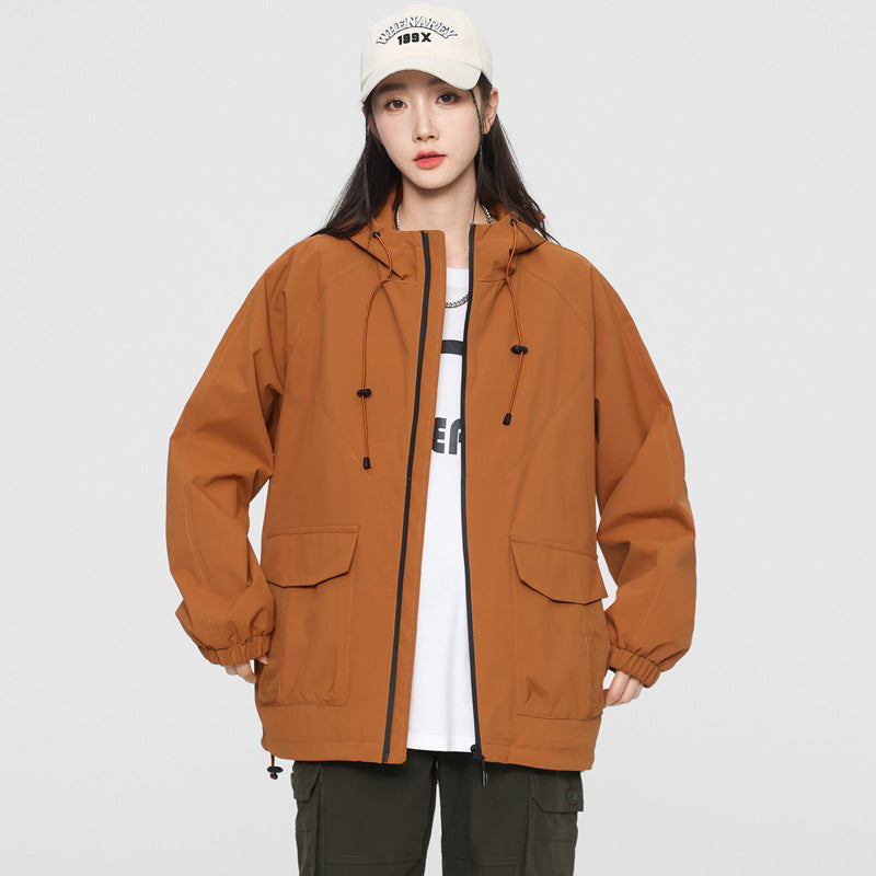 Damen Oversize Windbreaker Jacke mit Kapuze und Cargotaschen Echoarchiv