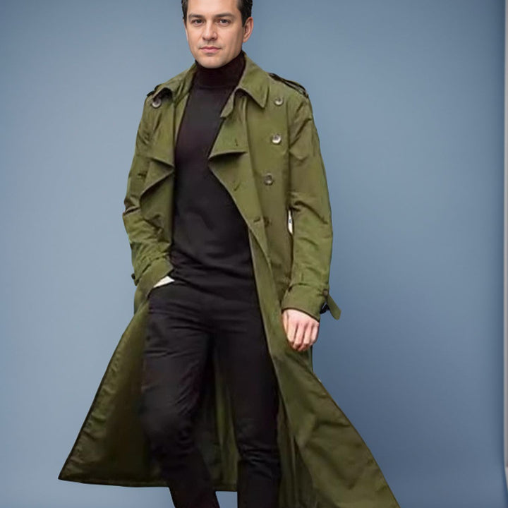 Herren eleganter Trenchcoat mit taillierbarem Gürtel und klassischen Details Echoarchiv
