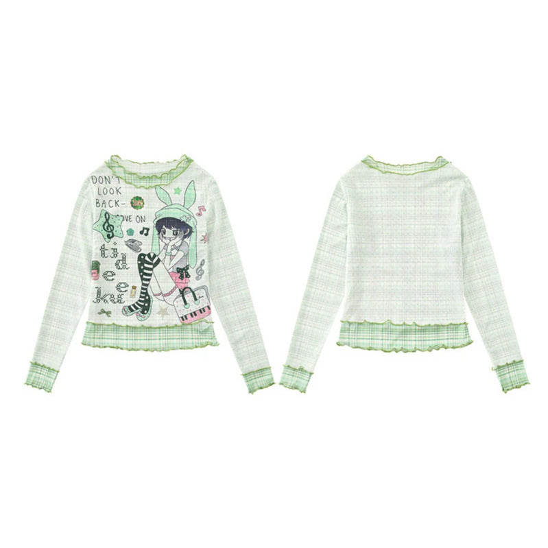 Damen Transparentes Mesh-Langarmshirt mit Manga-Print, Rüschensaum und Karomanschetten Echoarchiv