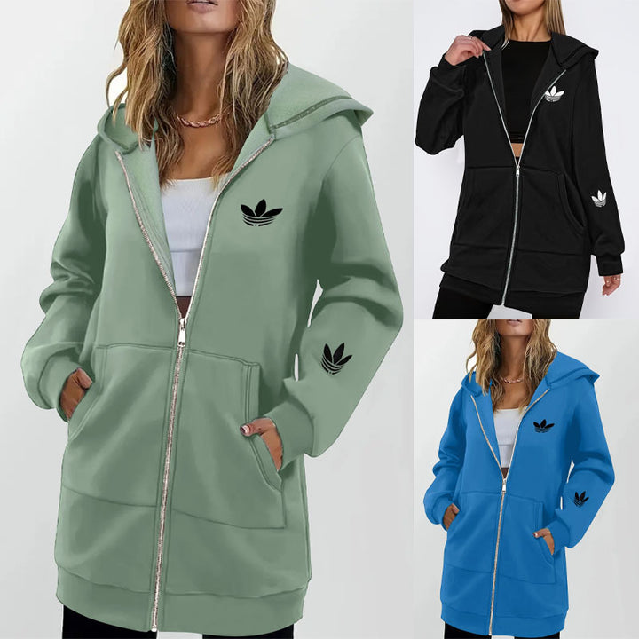 Damen Lange Kapuzen-Sweatjacke mit Metallreißverschluss, Kängurutaschen und figurumspielender Silhouette Echoarchiv