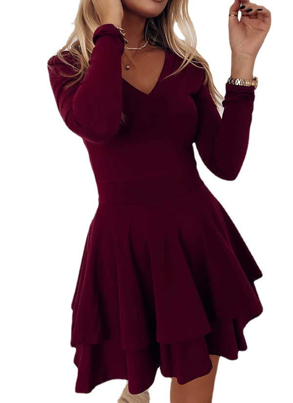 Damen V-Ausschnitt Kleid mit voluminösem Rock und langen Ärmeln Echoarchiv
