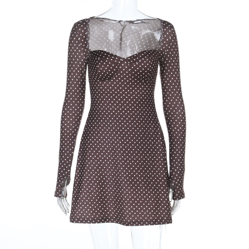 Damen verspieltes Polka-Dot-Kleid mit transparentem Oberteil und langen Ärmeln Echo Archiv