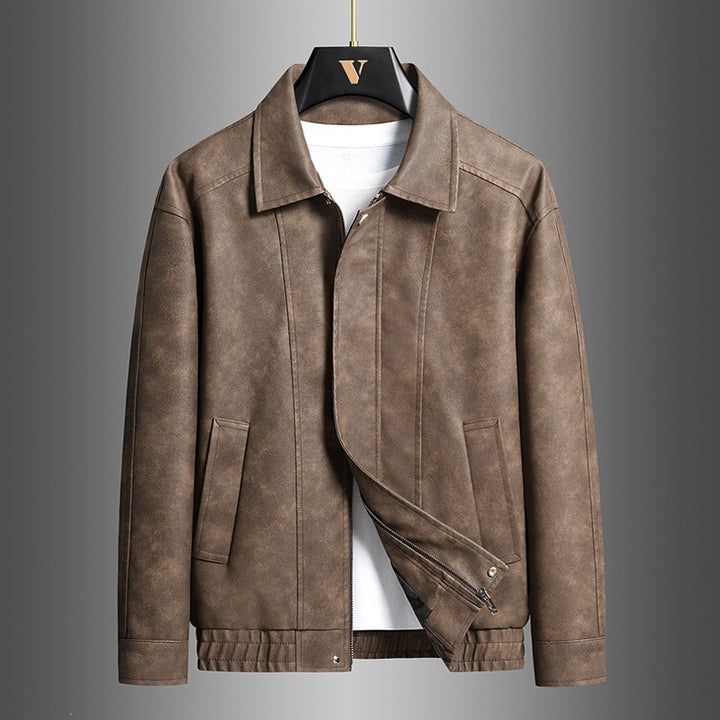 Herren Kurz geschnittene Kunstlederjacke im Vintage‑Look mit Hemdkragen & durchgehendem Reißverschluss Echoarchiv