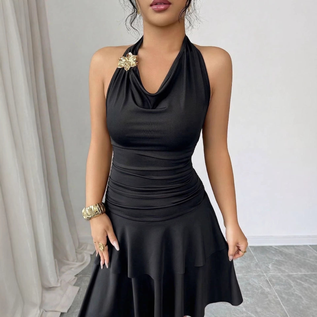 Damen nan Halter-Midikleid mit Wasserfall-Ausschnitt, taillierter Raffung und stufenweisem Volantrock Echo Archiv