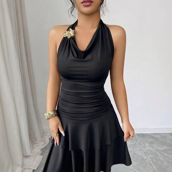 Damen nan Halter-Midikleid mit Wasserfall-Ausschnitt, taillierter Raffung und stufenweisem Volantrock Echo Archiv